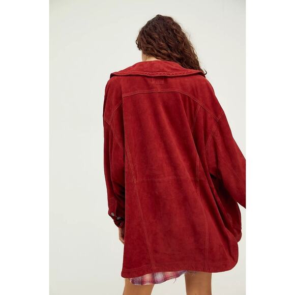 New Free People WTF Brooklyn Suede Jacket $468 LARGE Raspberry SLOUCHY - Picture 2 of 5